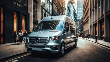 Srebrny Mercedes Sprinter na ulicy wśród wysokich budynków w centrum miasta.