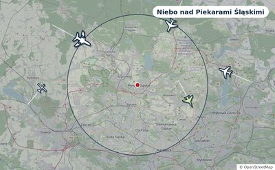 Mapa okolic miasta z sylwetkami samolotów — Niebo nad Piekarami Śląskimi